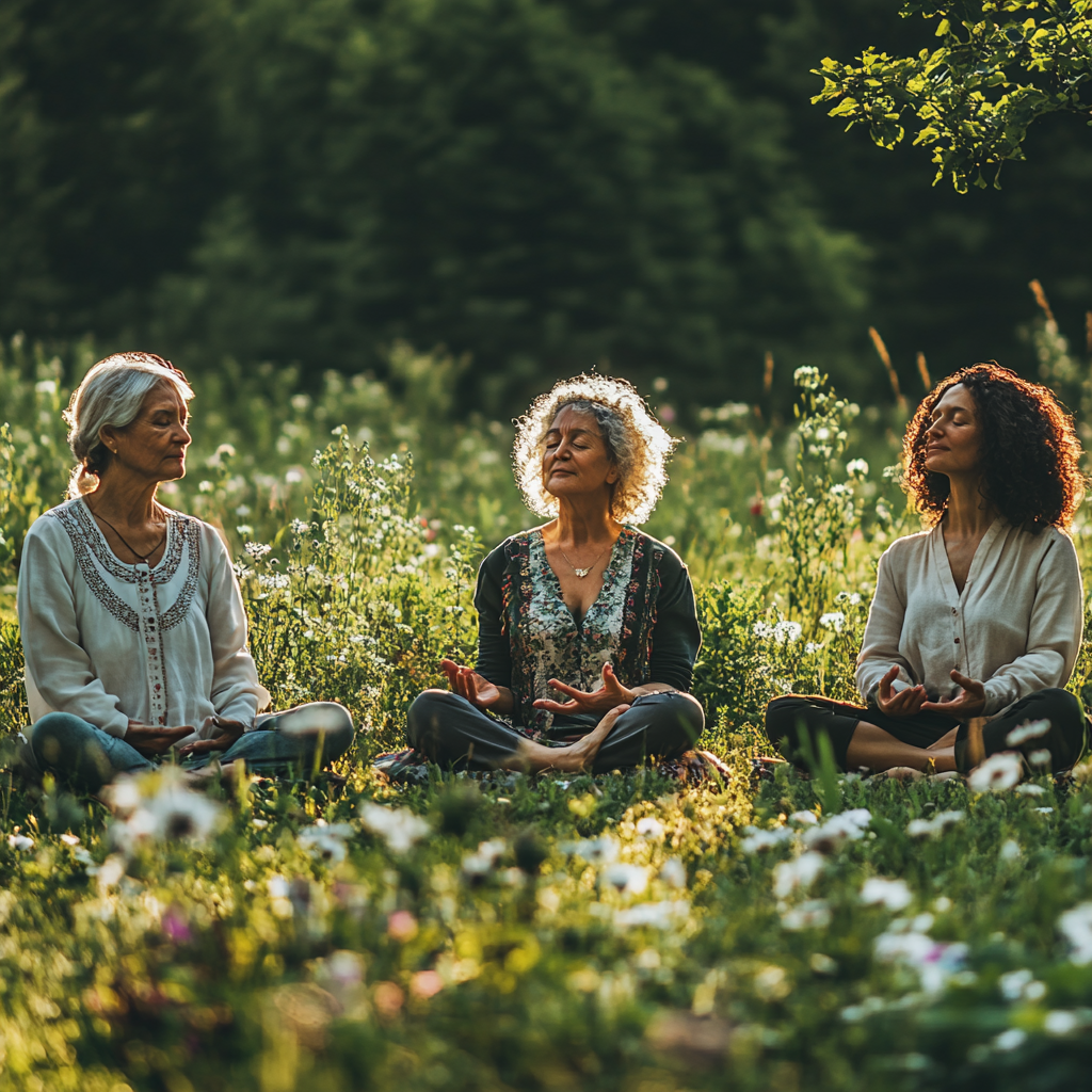 Група людей медитує в позі лотоса на природі серед зелених дерев та квітів