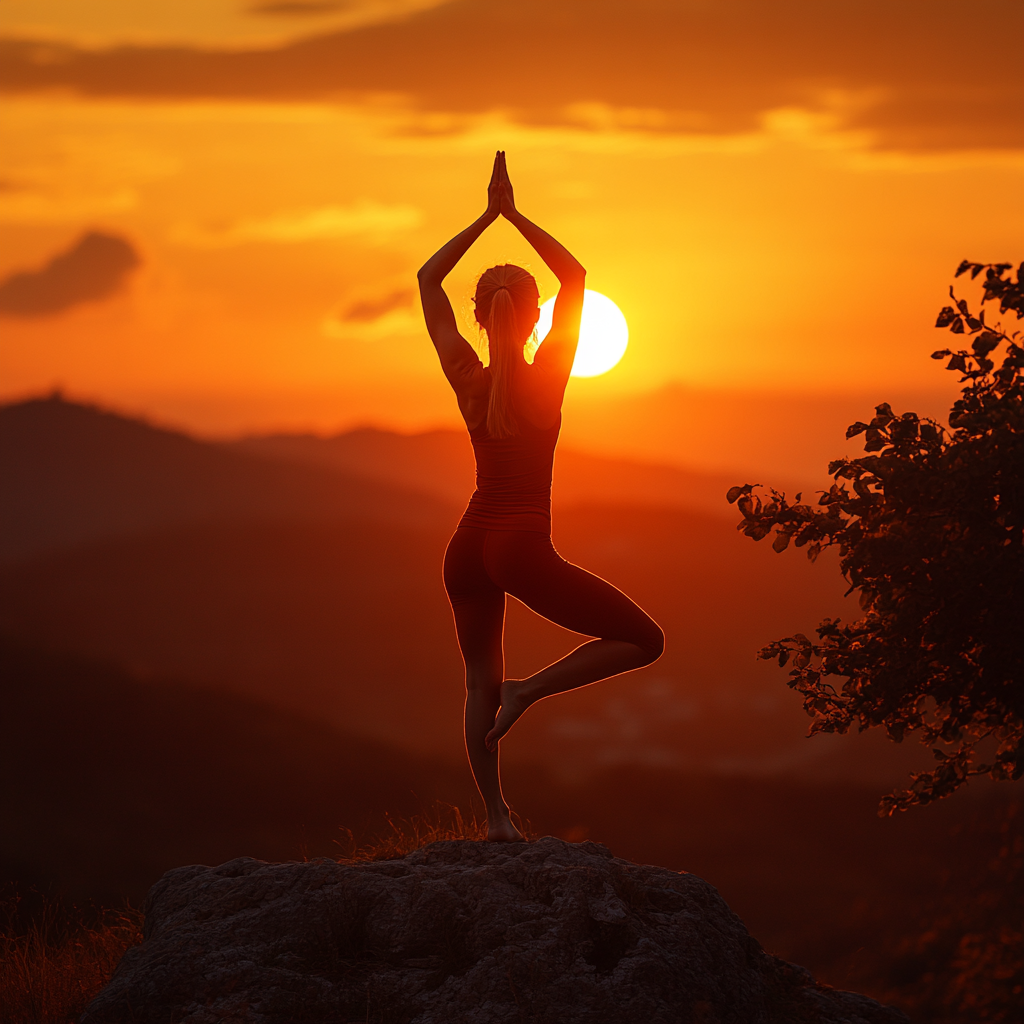 Особа виконує складну позу йоги на захід сонця, демонструючи прогрес та гармонію з природою